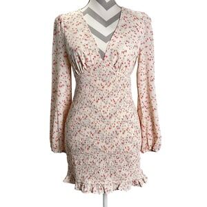 Princess Polly Floral Mini Dress Smocked Long Sleeve V‎ Neck Ruffle Hem US 6